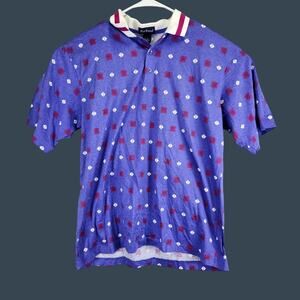 Men's Par Four Polo Shirt Large Purple Pattern Print Cotton Thailand